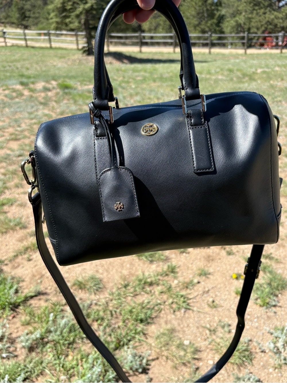 Tory Burch Black Leather Dome Satchel with Gold Logo